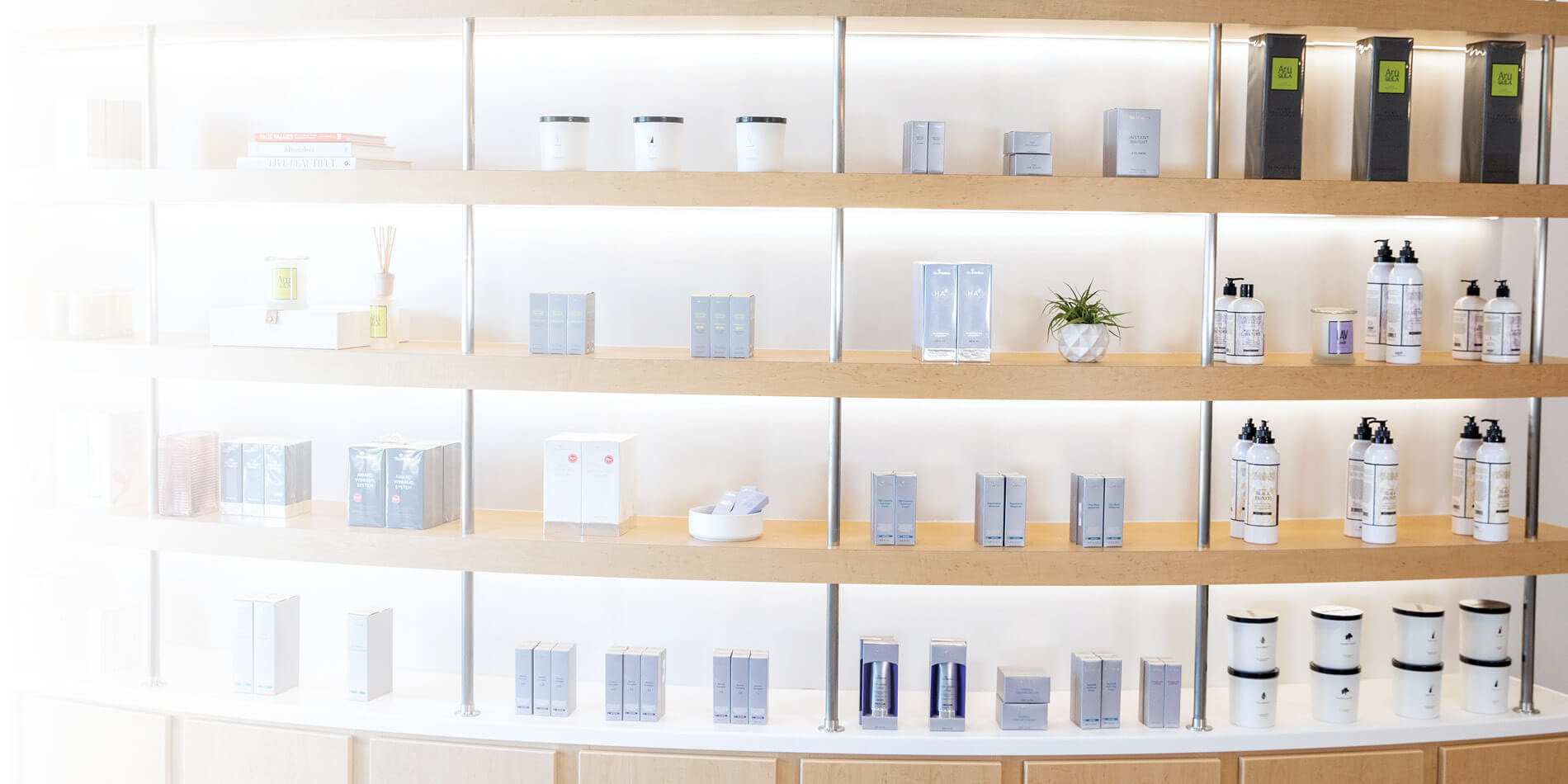skin care products on wall shelf